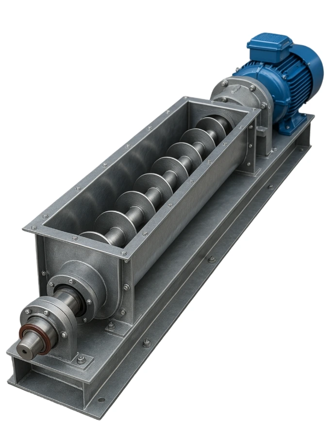 Screw conveyor for controlled transfer of rice bran and grain products